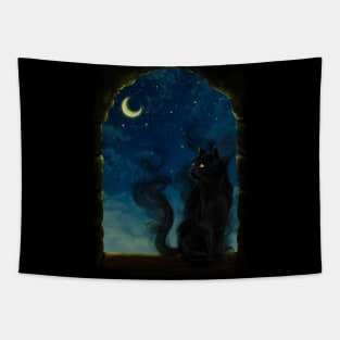 Shadow Black Cat Moon Night - Digital Art Painting Tapestry