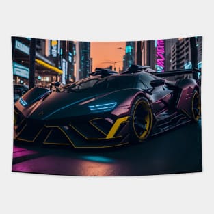 Dark Neon Sports Car in Beach Neon City Tapestry