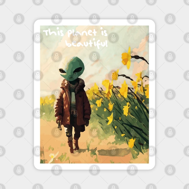 Alien walking through a vast field of yellow daffodils 2 Magnet by Megadorim