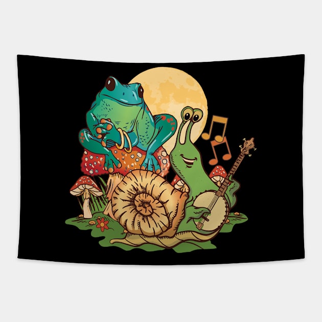 Banjo playing Snail with Frog sitting on Mushroom Tapestry by Graphic Duster