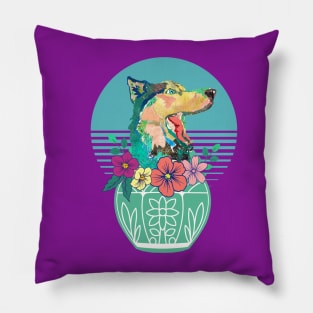 Siberian Husky Dog Head in Vase With Flowers Pillow