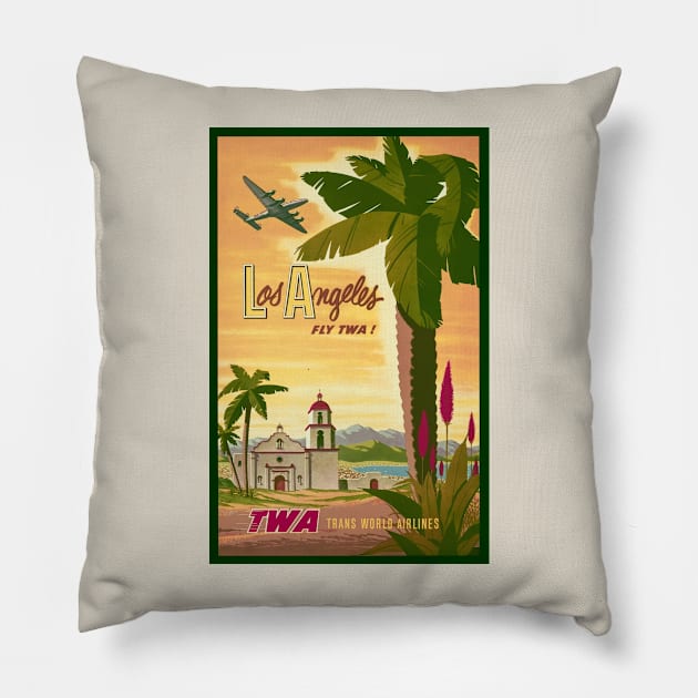 Restored Vintage TWA Travel To Los Angeles Poster Print Pillow by vintageposterco