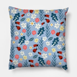 Spring meadow in bloom with ladybirds on sky blue background Pillow