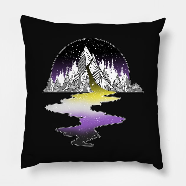 Nonbinary Flag Mountain River Pillow by Psitta