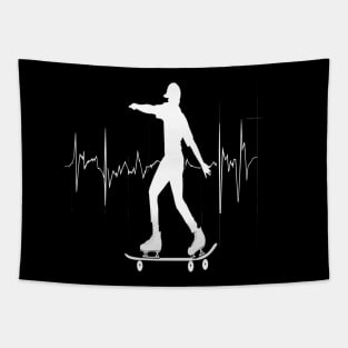 Roller Skate line drawing and heartbeat in white for skaters and roller derby fans Tapestry