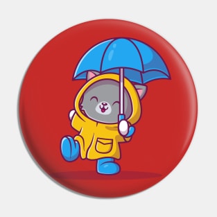 Cute Cat With Raincoat and Umbrella Cartoon Vector Icon Illustration Pin