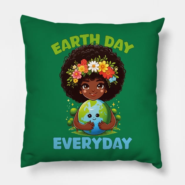 Earth Day Everyday Cute Afro Hair Girl Earth Day 2024 Kids Pillow by JUST PINK