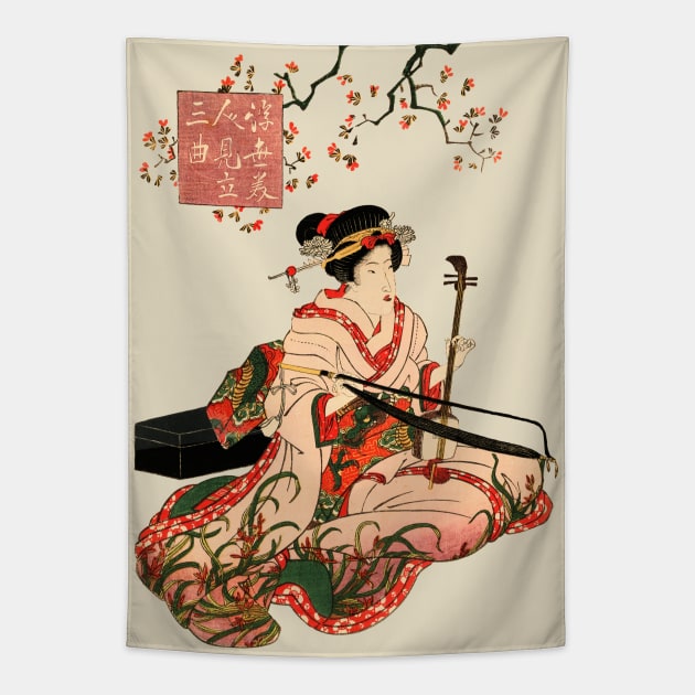 Geisha playing music under sakura Japanese art Tapestry by geekmethat