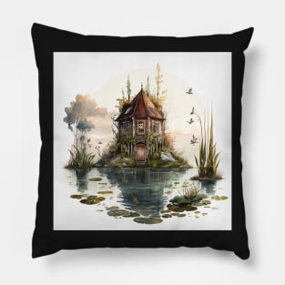 Watercolor Swamp Cabin Pillow