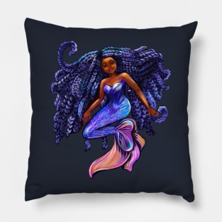 mermaid with flowing shimmering blue black braids  , brown eyes curly Afro hair and caramel brown skin Pillow