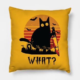 What? Funny Scary Black Cat With Knife Halloween Cat Lover Gift Pillow