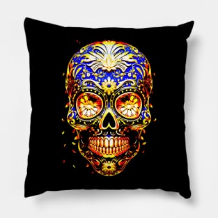 Psychedelic colored skull with flowers as eyes Pillow