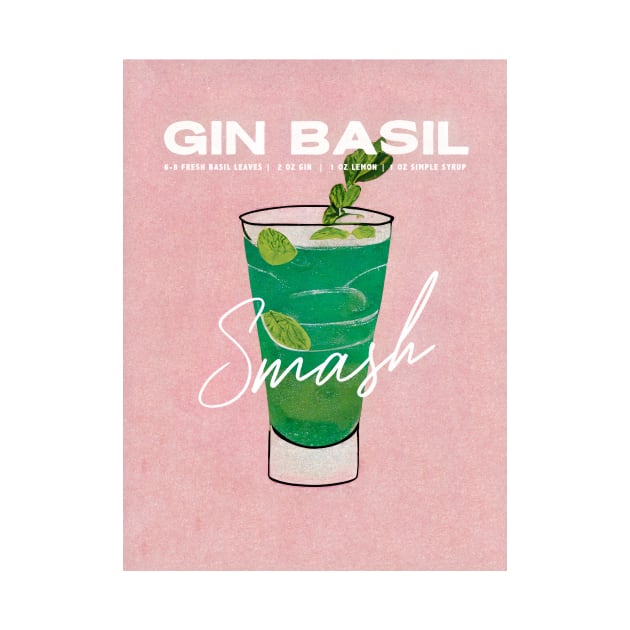 Gin Basil Smash Retro Poster Pink Bar Prints, Vintage Drinks, Recipe, Wall Art by BetterManufaktur