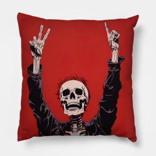 CHILL DUDE - skeleton holding hands in the air on red background Pillow