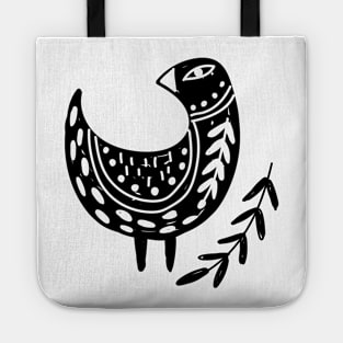 Folk Art Bird with Branch of Leaves in Black Tote