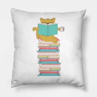 Cat with glasses drinking coffee or tea and reading book Pillow
