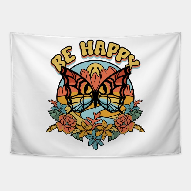 Be happy vintage butterfly rocky mountains sunset Tapestry by alcoshirts
