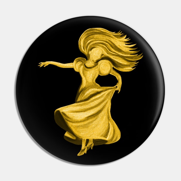 Gold Flamenco Dress Twirling Lady Pin by Art by Deborah Camp