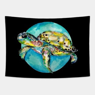 Sea Turtle Blue Circle Watercolor Tapestry