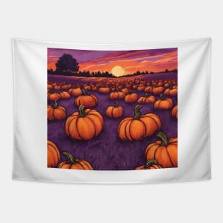 Halloween Pumpkin Patch at Dawn in Cartoon Style Tapestry