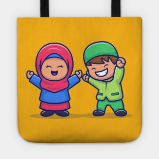 Girl And Boy Moslem Celebrating Eid Mubarak Cartoon Illustration Tote