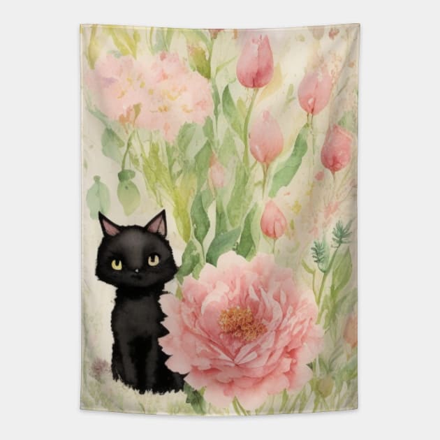 Black Kitty in Flower Garden Soft Pastel Colors Tapestry by Stades