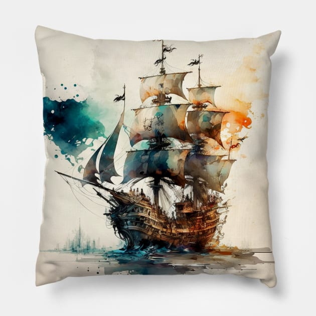 Pirate Ship watercolour Pillow by Buff Geeks Art