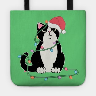 Tuxedo Cat Christmas lights funny cat lover xmas hat Tote