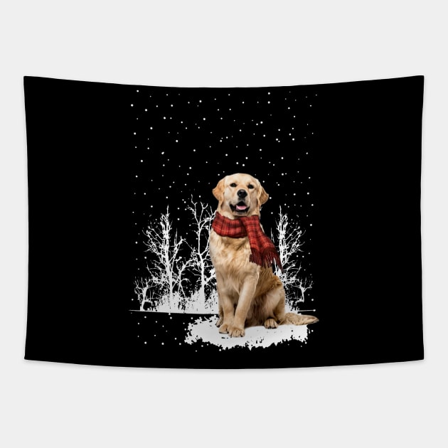 Christmas Golden Retriever With Scarf In Winter Forest Tapestry by cyberpunk art