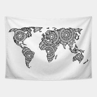 Black and White Mandala World Map Tapestry