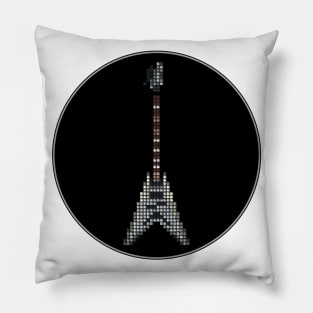 Tiled Pixel Silver King Flying V Guitar in a Black Circle Pillow