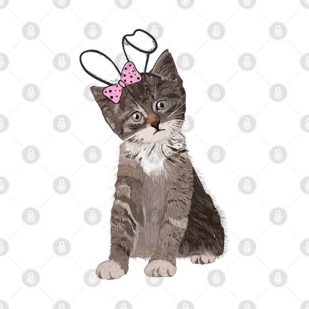 Cute hand drawn cat with easter bunny ear and pink ribbon by GULSENGUNEL