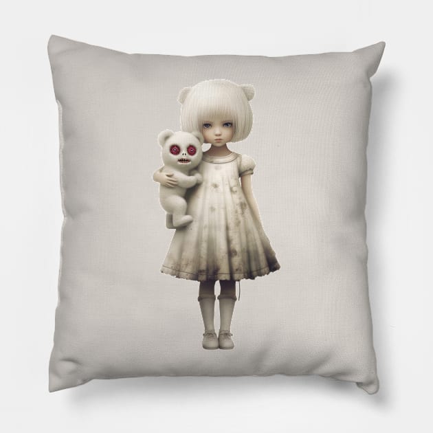 Vintage 1980s Girl Holds an evil zombie teddy bear Pillow by digilabs