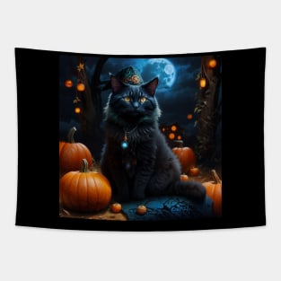 Elegant soceress cat on Halloween Tapestry