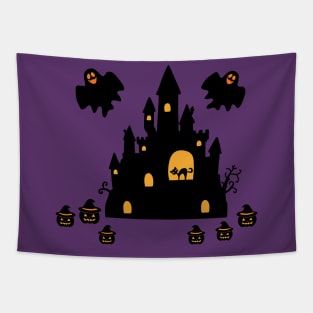 Spooky Halloween Ghost Pumpkin Black Cat Graveyard Church Tapestry