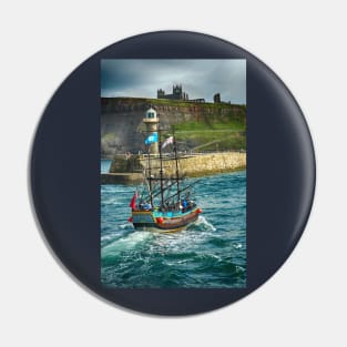 Whitby Harbour, Yorkshire. The Bark Endeavour, Nautical British coast art Pin