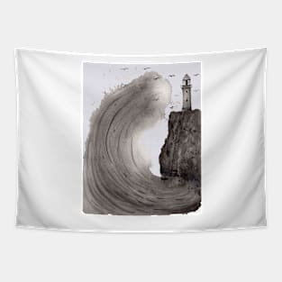 Big Wave with a Lighthouse Ink Illustration Tapestry