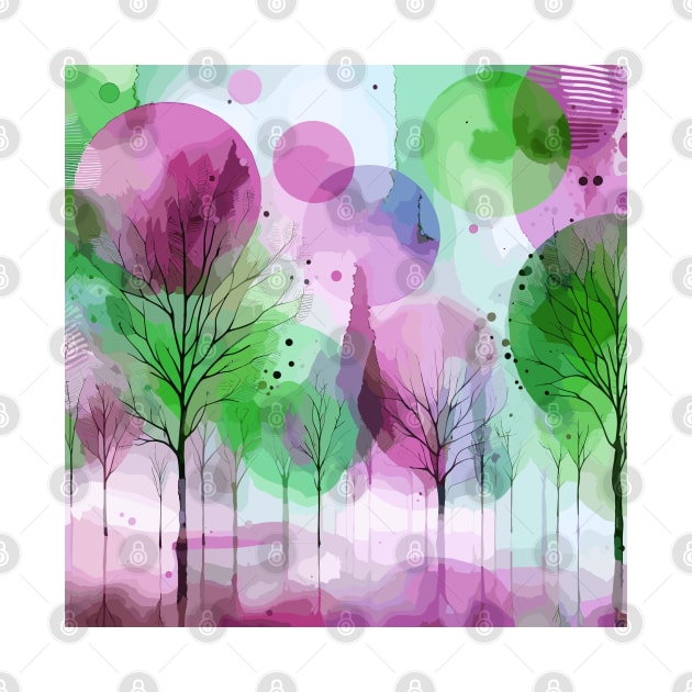 Colorful Pink and Green Abstract Trees by Siha Arts