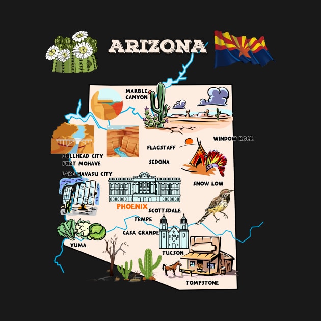 Hand Drawn Illustration of Arizona Map with Tourist Destinations, USA by Mashmosh