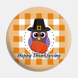 Pilgrim Owl on Orange White Plaid - Happy Thanksgiving Pin