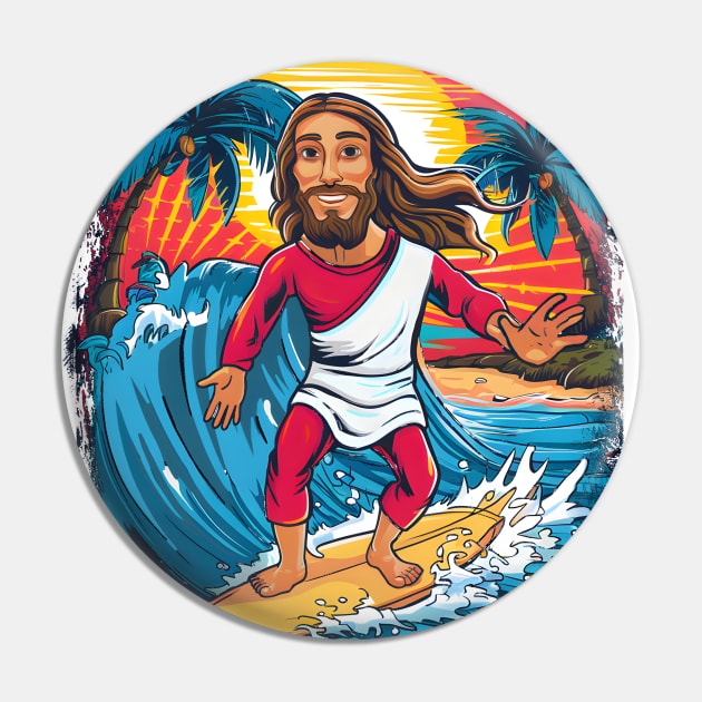 Surfing Jesus Pin by BobaTeeStore