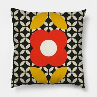 Retro Flower, Geo Pattern Red, Yellow, Black and Cream Pillow