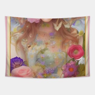 Art Deco style painting of flowers, roses and a pretty girl Tapestry