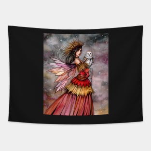 Quiet Ember Fairy and Owl Fantasy Art Tapestry