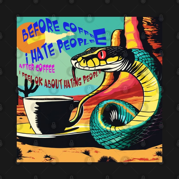 a snake drinking a cup of coffee pop art in the desert by MOXIEKHAIR