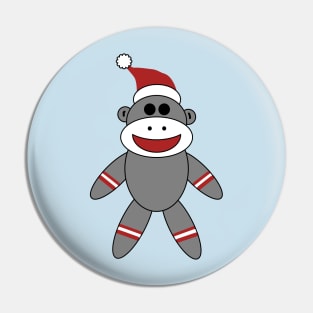 Cute Sock Monkey With Santa Hat Christmas on Blue Pin