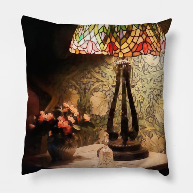 Americana - Stained Glass Lamp and Vase of Flowers Pillow by SusanSavad