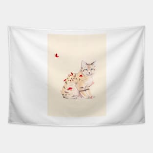 Sand Cat and Red Butterflies Tapestry