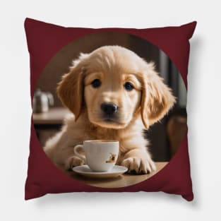 Cute Golden Retriever Puppy with Coffee Pillow