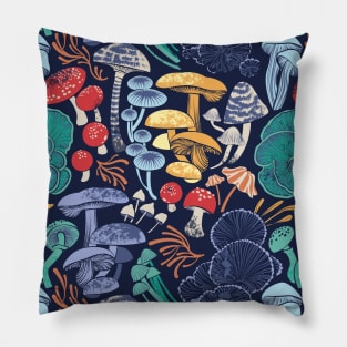 Mystical fungi // pattern // midnight blue background multicoloured wild mushrooms Pillow